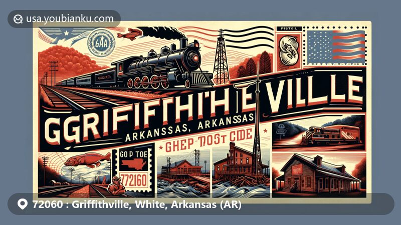 Modern illustration of Griffithville, Arkansas, featuring ZIP code 72060, highlighting Rock Island Railroad and timber industry symbols, as well as Arkansas state flag.
