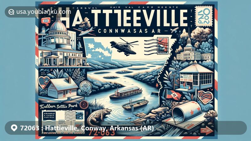 Contemporary illustration of Hattieville and Conway, Arkansas (AR) representing ZIP code 72063, featuring iconic landmarks like Faulkner County Museum, Cadron Settlement Park, and Toad Suck Ferry, with Arkansas state flag and natural beauty elements.