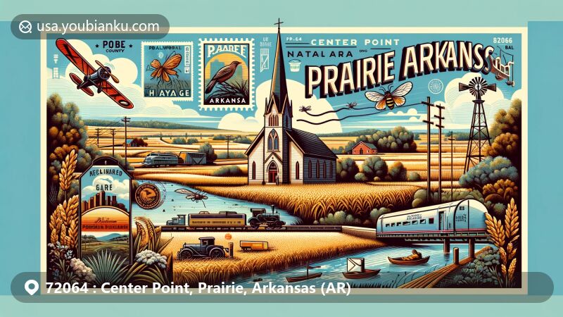 Modern illustration of Center Point, Prairie, Arkansas, showcasing postal theme with ZIP code 72064, featuring Railroad Prairie Natural Area and Saint Patrick's Church in Hazen.