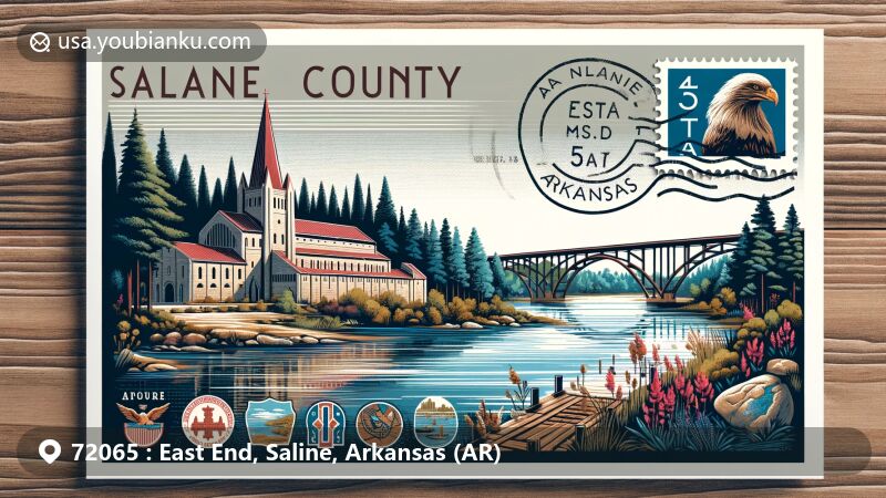 Creative postal card design for East End area of Saline County, Arkansas, featuring Marylake Monastery, Old River Bridge, and lush natural landscape of Ouachita National Forest.