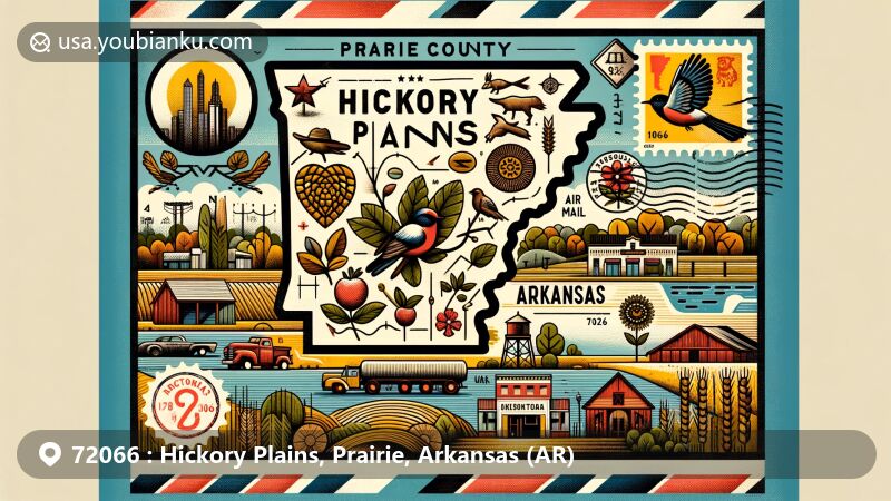 Modern illustration of Hickory Plains, Prairie County, Arkansas, featuring postal theme with ZIP code 72066, showcasing rural landscapes, agricultural fields, and Arkansas state symbols.