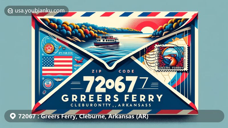 Contemporary illustration of Greers Ferry, Cleburne County, Arkansas, featuring airmail envelope with ZIP code 72067, showcasing Greers Ferry Lake, Arkansas state flag, and Cleburne County outline.