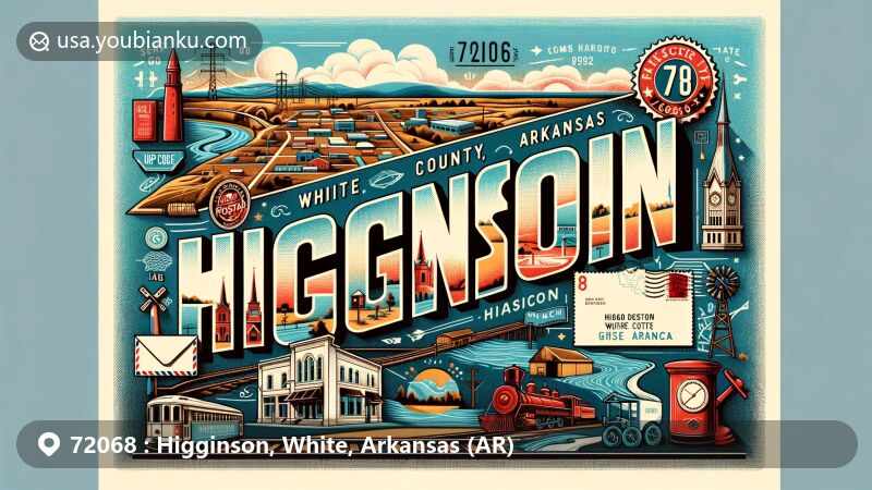 Modern illustration of Higginson, White County, Arkansas, showcasing postal theme with ZIP code 72068, featuring local geography, landmarks, and historical significance as a railroad depot city near Searcy.