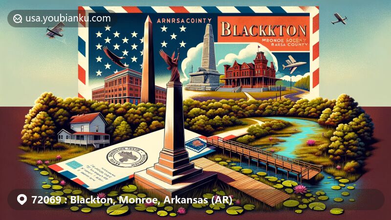 Modern illustration of Blackton, Monroe, Arkansas, focusing on postal theme with ZIP code 72069, highlighting Louisiana Purchase State Park, Palmer House, and Arkansas state symbols.