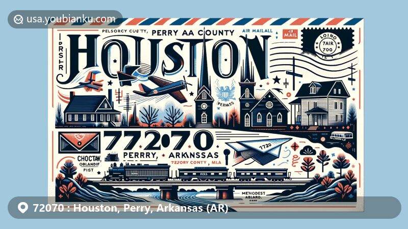 Modern illustration of Houston, Perry County, Arkansas, highlighting postal theme with ZIP code 72070, featuring Fourche La Fave River, Methodist and Baptist churches, and vintage railroad.