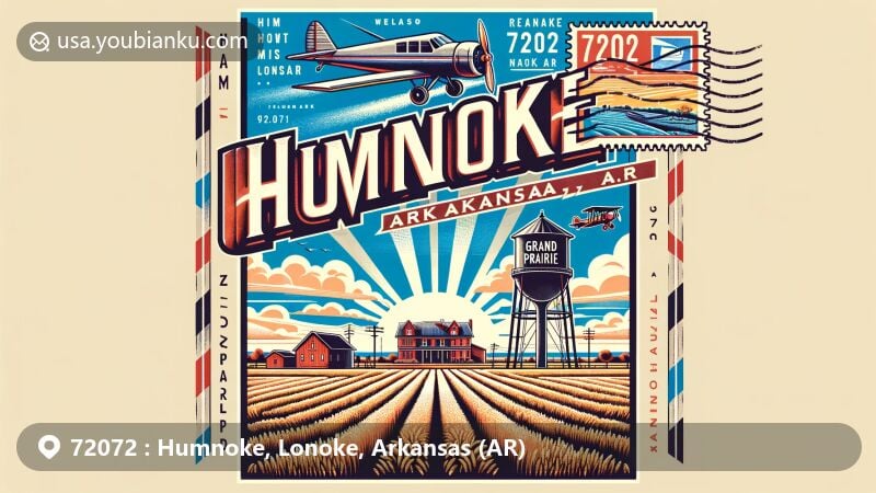 Modern illustration of Humnoke, Arkansas, showcasing postal theme with ZIP code 72072, featuring Grand Prairie landscape, Humnoke Water Tower, vintage postage elements, and a nod to town's history in rice farming and WWII pilot training.