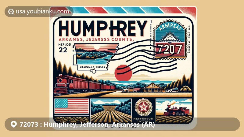 Modern illustration of Humphrey, Arkansas, featuring a vintage air mail envelope with ZIP code 72073, reflecting its rural allure, timber, cotton industries, and historical importance.