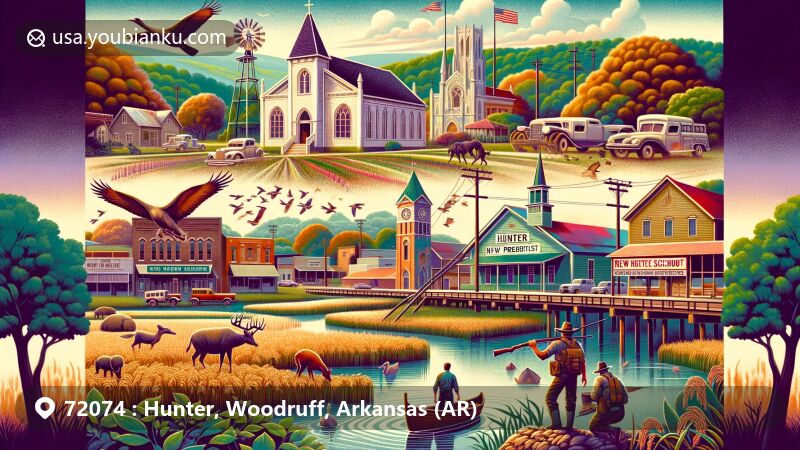 Modern illustration of Hunter, Woodruff, Arkansas, capturing its rich history and agricultural heritage with nods to the town's bustling past, agricultural shift, community resilience, and Medal of Honor recipient Gilbert G. Collier, set against a backdrop of rural beauty.