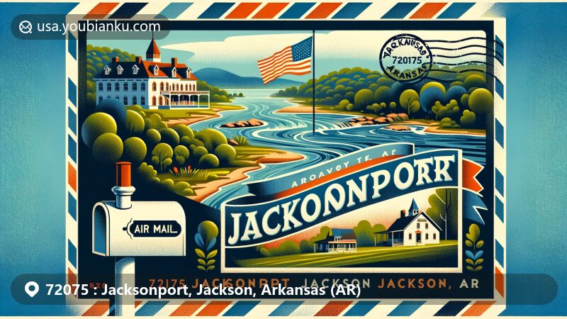 Illustration of Jacksonport, Arkansas, styled as an air mail envelope, featuring state flag and natural scenery, with a postal stamp reading '72075 Jacksonport, Jackson, AR' and a mailbox.
