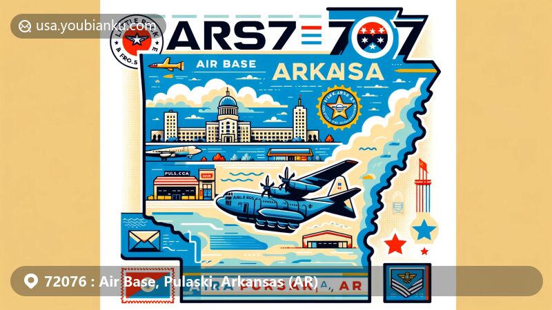 Modern illustration of Little Rock Air Force Base in ZIP code 72076, showcasing C130 training center, Arkansas outline with Pulaski County highlighted, air mail envelope with stamps of the air base and Arkansas flag, and a postmark reading '72076 Air Base, Pulaski, AR'.