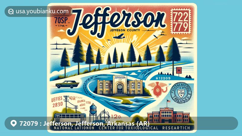 Modern illustration of Jefferson, Jefferson County, Arkansas, showcasing ZIP code 72079, featuring local landmarks, postal elements, and state identity.