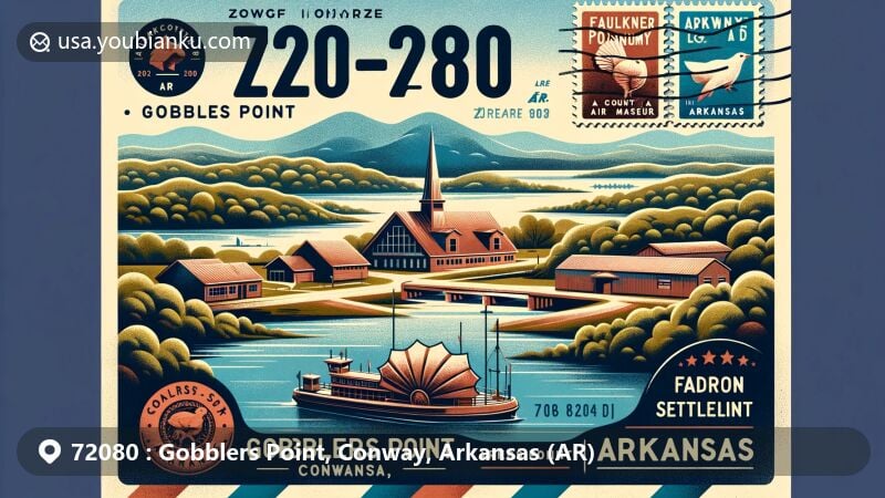 Modern interpretation of Gobblers Point, Conway, Arkansas, highlighting Faulkner County Museum, Cadron Settlement Park, and Toad Suck Ferry with lush Arkansas landscapes in the background.