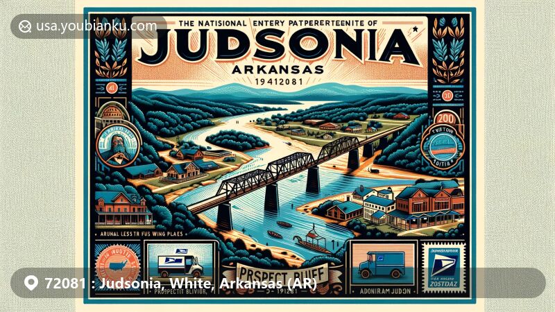 Creative interpretation of Judsonia, White County, Arkansas, representing ZIP code 72081 with historic charm and postal themes, featuring the Little Red River, cantilever truss swing bridge, and elements of Adoniram Judson's legacy.