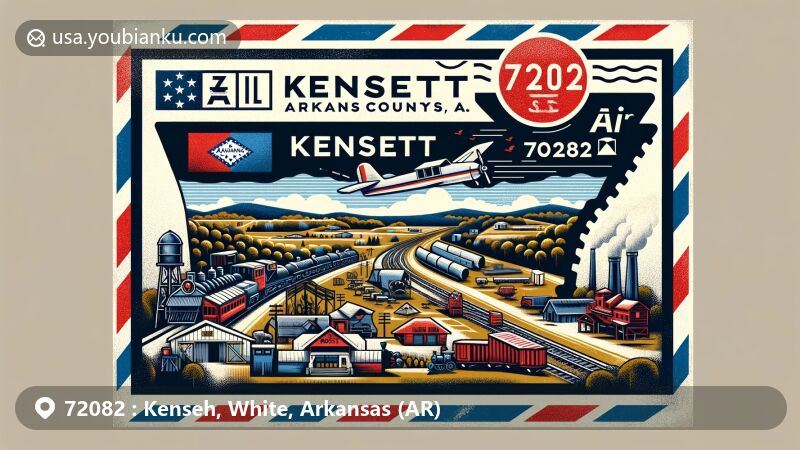 Contemporary illustration of Kensett, Arkansas, showcasing postal theme with ZIP code 72082, featuring Arkansas state flag, White County outline with Kensett marked, local railroads, and a lumber mill symbol. Includes vibrant community scene and modern touches, reflecting town's heritage.