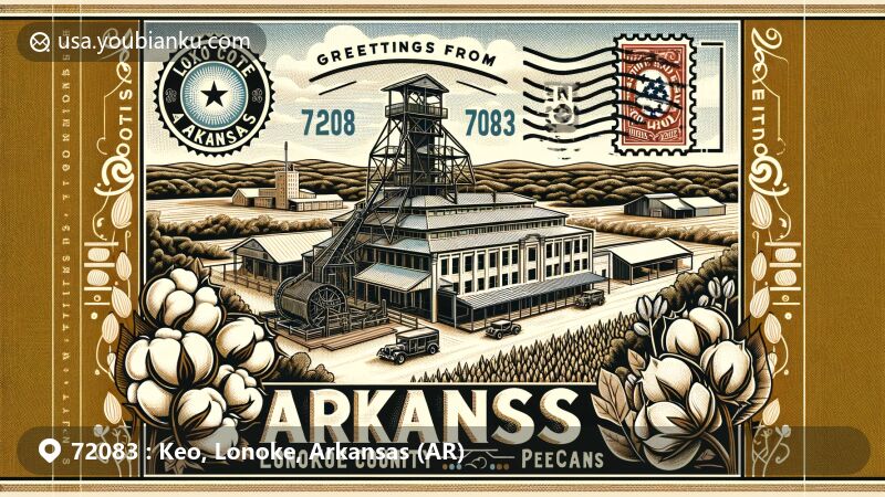 Modern illustration of Keo, Lonoke County, Arkansas, showcasing the historic cotton gin complex in the Keo Commercial Historic District, surrounded by elements of cotton, rice, and pecans, representing Keo's agricultural heritage.