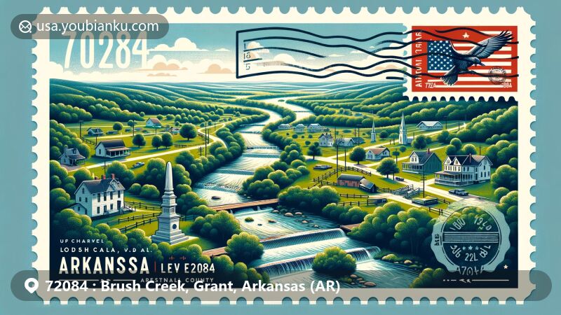 Modern illustration of Brush Creek, Grant County, Arkansas, showcasing postal theme with ZIP code 72084, featuring gentle flow of Brush Creek, Civil War nod, essence of Leola, and Arkansas state symbols.