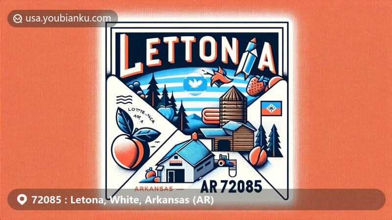Modern illustration of Letona, White County, Arkansas, depicting airmail envelope with ZIP code 72085, featuring timber industry, agriculture, Arkansas state flag, and local landmarks.