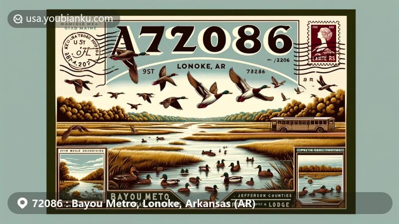 Modern illustration of Bayou Metro, Lonoke, Arkansas, featuring the flowing Bayou Meto and ducks flying overhead, highlighting the region's reputation for duck hunting and natural beauty.