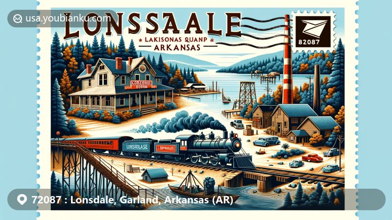 Modern illustration of Lonsdale, Arkansas, highlighting historical and cultural elements for ZIP code 72087, featuring railroad and timber industry imagery, Colony House, and Spring Lake Camp & Retreat.