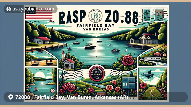 Modern illustration of Fairfield Bay, Van Buren, Arkansas, featuring Greers Ferry Lake scenery and postal theme with ZIP code 72088, showcasing outdoor activities like fishing, boating, and hiking.