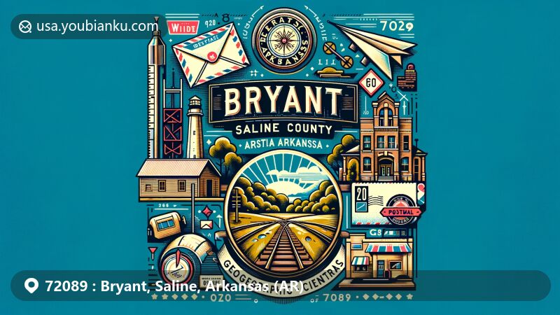 Modern illustration of Bryant, Saline County, Arkansas, showcasing postal theme with ZIP code 72089, featuring Geographic Center of Arkansas marker and local cultural motifs.