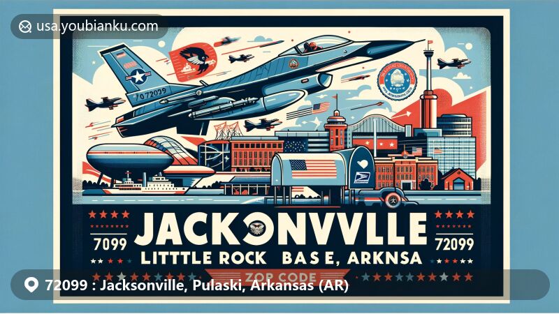 Modern illustration of Jacksonville, Pulaski County, Arkansas, showcasing the Little Rock Air Force Base theme with planes, military symbols, postmark, mailbox, and ZIP code 72099, incorporating the Arkansas state flag.