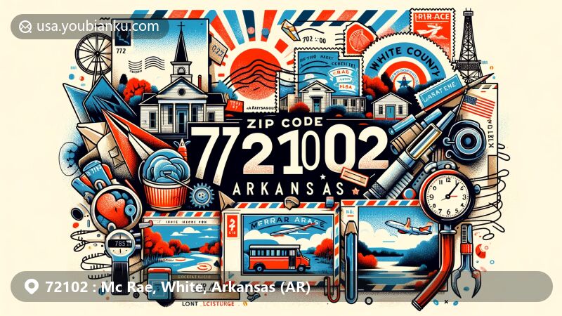 Modern illustration of McRae, White County, Arkansas, with ZIP code 72102, showcasing local charm and Arkansas landmarks in a vibrant, digital art style.