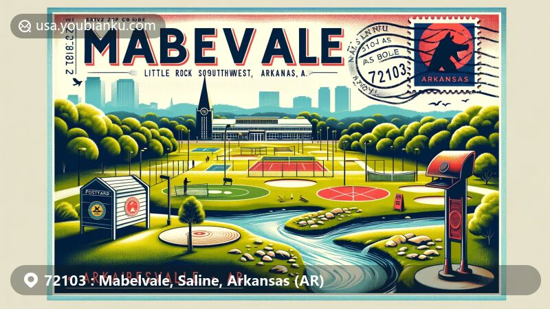 Modern illustration of Mabelvale, Saline County, Arkansas, highlighting ZIP code 72103, featuring Morehart Park with lush greenery, disc golf and sports courts, a winding brook, and silhouette of Little Rock Southwest Magnet High School.