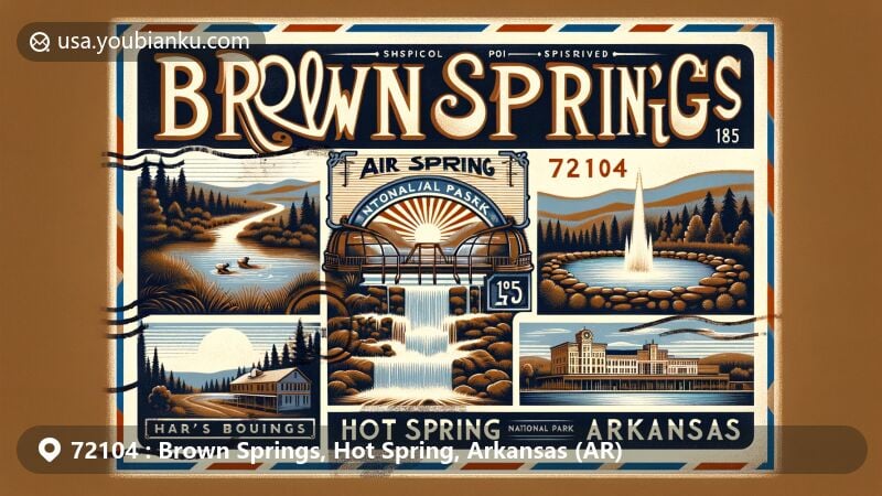 Modern illustration of Brown Springs, Hot Spring County, Arkansas, featuring vintage air mail envelope frame with natural springs infused with sulfur, iron, and copper, highlighting the local geography and Arkansas state pride.