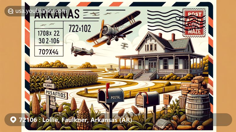 Modern illustration of Lollie, Faulkner County, Arkansas, depicting 72106 ZIP code area, showcasing Lollie Plantation's agricultural history with cotton fields, pecan trees, vintage plantation house, vintage post office facade, postal mailbox, flying antique airplane, and Corn Maze at Lollie attraction.