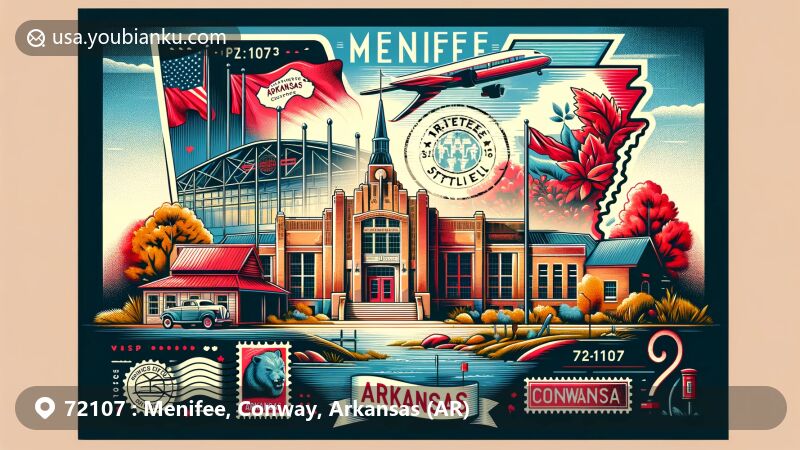 Modern illustration of Menifee, Conway, Arkansas, highlighting Menifee High School Gymnasium, Arkansas map with Conway County, Cadron Settlement Park, postal elements, and the state's natural beauty.
