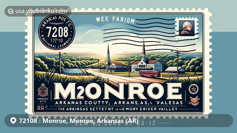 Modern illustration of Monroe, Monroe County, Arkansas, capturing the rural landscape at the junction of U.S. Route 79 and Arkansas Highway 39, featuring Arkansas Post National Memorial and postal theme with ZIP code 72108.