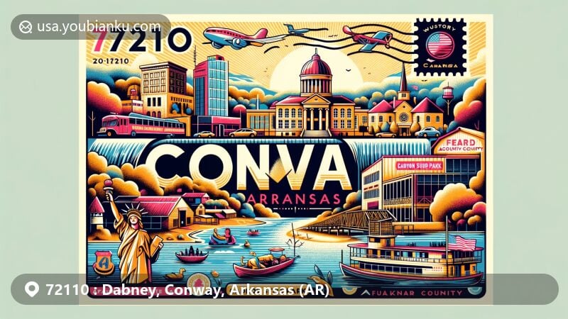 Modern illustration of Dabney, Conway, Arkansas, featuring ZIP code 72110, showcasing Faulkner County Museum, Cadron Settlement Park, Lake Conway, Toad Suck Ferry, Beaverfork Lake, and Arkansas River, highlighting city's cultural and educational landmarks, outdoor recreational sites, and postal service symbols.