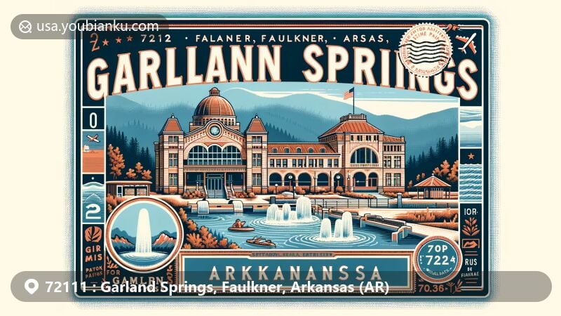 Modern illustration of Garland Springs, Faulkner, Arkansas, showcasing postal theme with ZIP code 72111, featuring vintage postcard layout with iconic Hot Springs National Park landmarks and natural landscapes.