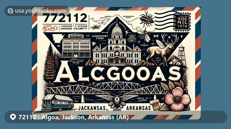 Modern illustration of Algoa, Jackson, Arkansas, showcasing postal theme with ZIP code 72112, featuring Jacksonport State Park, courthouse, and Arkansas state symbols like Pine Tree, White-Tailed Deer, Honeybee, and Apple Blossom.