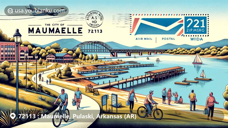 Modern illustration of Maumelle, Arkansas, showcasing ZIP code 72113, featuring Lake Valencia, Big Dam Bridge, and airmail envelope, symbolizing city's recreation and postal connections.