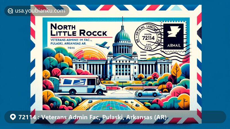 Creative illustration of airmail envelope featuring North Little Rock, Arkansas, with Arkansas State Capitol and lush greenery, symbolizing the state's history and natural beauty, and cleverly representing the 72114 ZIP code area and postal services.