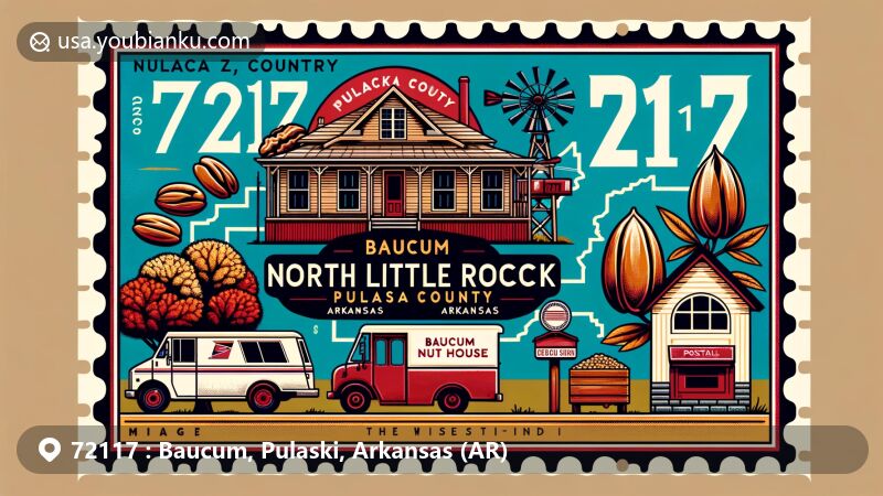 Modern illustration of Baucum area, Pulaski County, Arkansas, emphasizing postal theme with ZIP code 72117, featuring Baucum Nut House symbolizing agriculture and pecans, incorporating Pulaski County outline, pecan trees, vintage postage stamp frame, postal truck delivering pecans, and a mailbox.