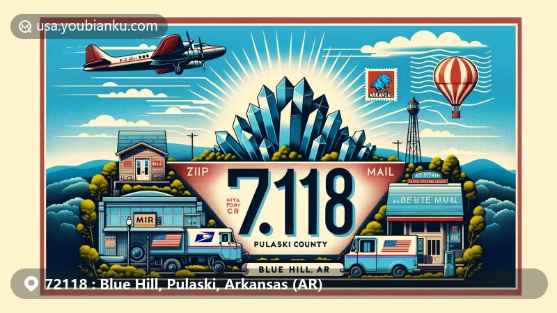 Modern illustration of Blue Hill, Pulaski County, Arkansas, featuring Crystal Hill geological formations and postal elements, including Arkansas state symbols and '72118' ZIP code.