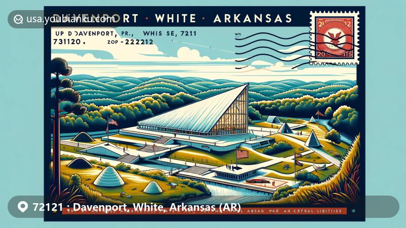 Modern illustration of Davenport, White County, Arkansas, showcasing the harmonious blend of art and nature, featuring Crystal Bridges Museum of American Art and Parkin Archeological State Park, with a symbolic representation of Rohwer Relocation Center Memorial Cemetery.