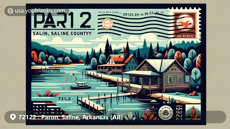Modern illustration of Paron, Saline County, Arkansas, showcasing Lake Winona, Ouachita National Forest, Barron-Craig House, and postal elements like postage stamp with Arkansas state flag.