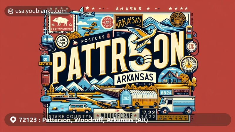 Modern illustration of Patterson, Woodruff County, Arkansas, highlighting postal theme with ZIP code 72123, featuring local landmarks and cultural symbols.