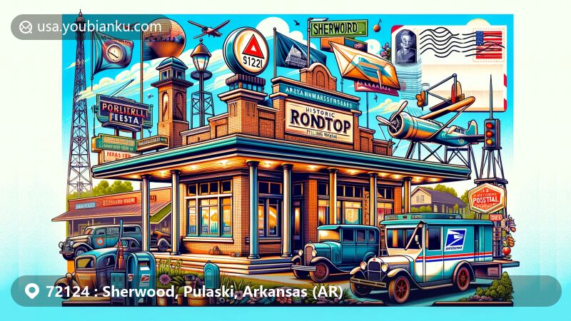 Modern illustration of the Historic Roundtop Filling Station in Sherwood, Arkansas, surrounded by elements representing local culture and history, featuring symbols of community spirit, sports, and a postal theme with ZIP code 72124.