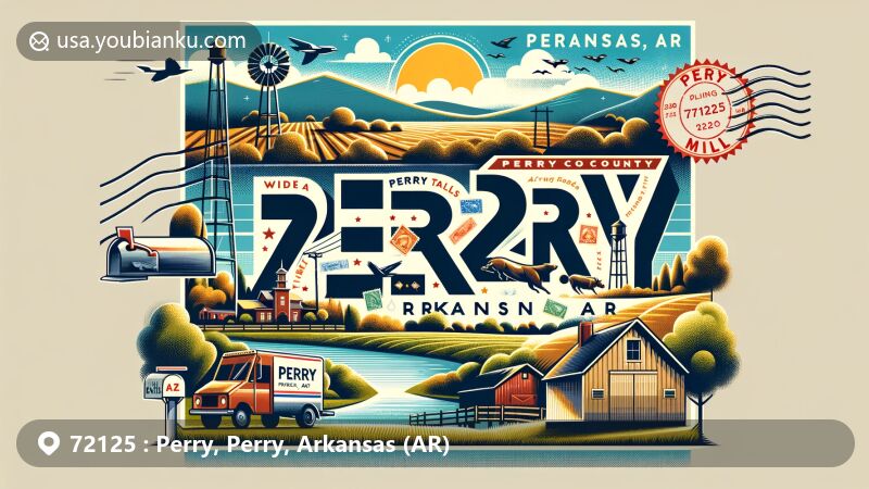 Modern illustration of ZIP Code 72125 representing Perry and Perry County in Arkansas, showcasing rural town vibes with rolling hills, farms, and postal elements like vintage postcards and mailboxes.