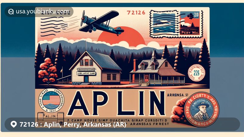 Modern illustration of Camp House and Perry County Historical Museum in Aplin, Perry County, Arkansas, featuring postal theme with ZIP code 72126 and local landmarks within Ouachita National Forest.