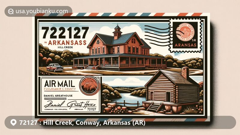 Modern illustration of Hill Creek, Conway, Arkansas, featuring Faulkner County Museum and Daniel Greathouse Log Cabin in a vibrant postcard style with nods to Lake Conway and Beaverfork Lake.