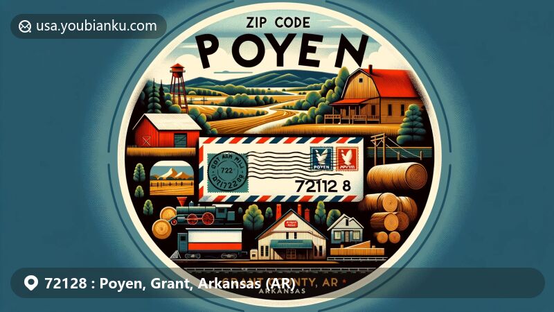Modern illustration of Poyen, Grant County, Arkansas, depicting the rural setting, timber industry, and railroad history, with vintage postal elements like air mail envelope, stamps, and postmark '72128 Poyen, AR.'