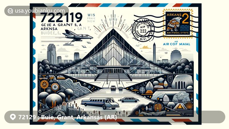 Modern illustration of Buie, Grant County, Arkansas, featuring a stylized air mail envelope representing postal communication, with elements from Arkansas's landscapes and landmarks like Crystal Bridges Museum of American Art and Parkin Archeological State Park.