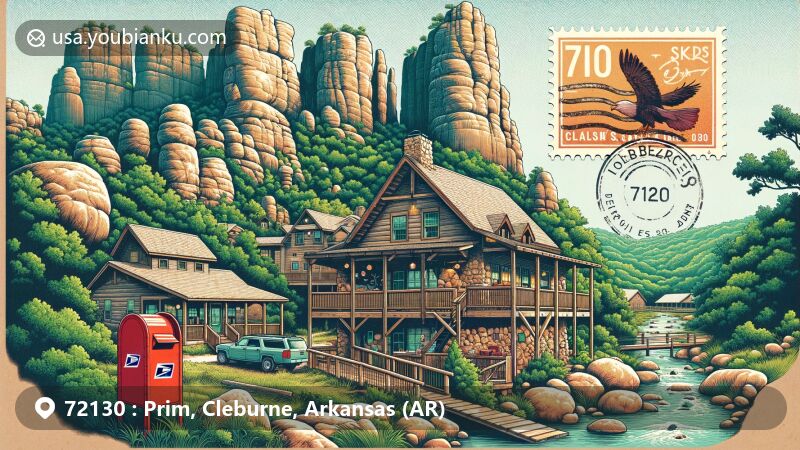 Modern illustration of Prim, Cleburne County, Arkansas, featuring rustic resort ambiance, round rocks geological feature, Longbow Resort Luxury Cabins, postal elements, and lush greenery.