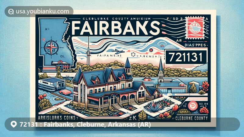 Modern illustration of Fairbanks, Cleburne County, Arkansas, featuring creative postcard design with air mail elements, state of Arkansas image, Cleburne County outline, and local landmarks like Cleburne County Historical Society & Museum.